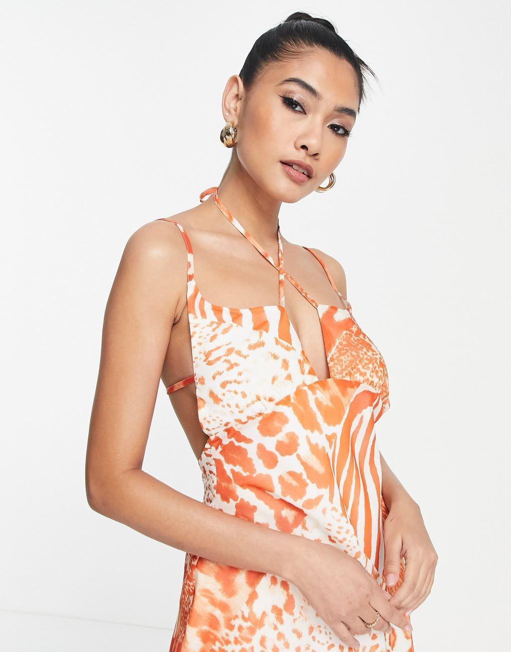 ASOS DESIGN bias soft mini dress with tie front detail in stone animal print  Product Image