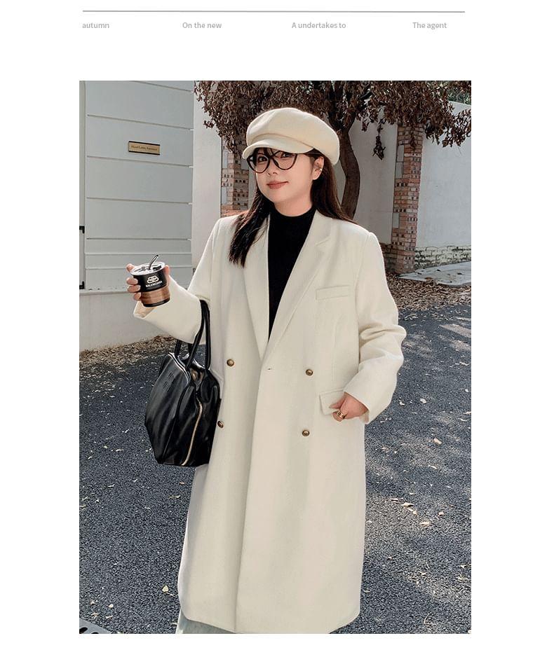 Plus Size Notch Lapel Plain Double-Breasted Long Coat Product Image