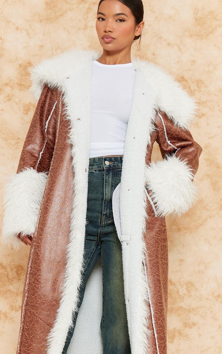 Brown Faux Fur Trim Distressed Faux Leather Maxi Coat Product Image