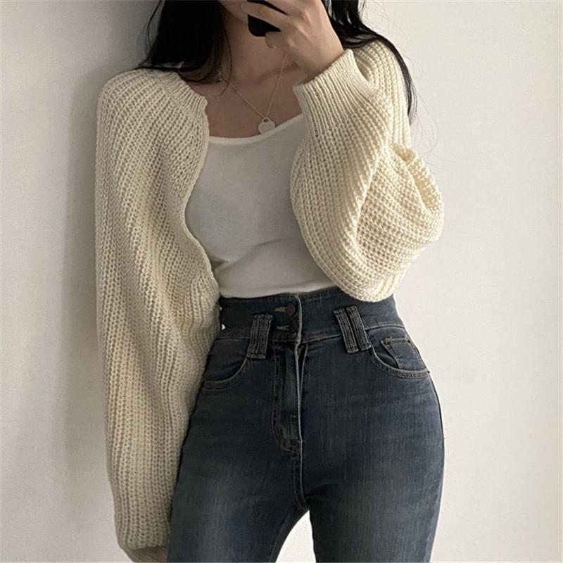 Plain Chunky Knit Open Front Crop Cardigan Product Image