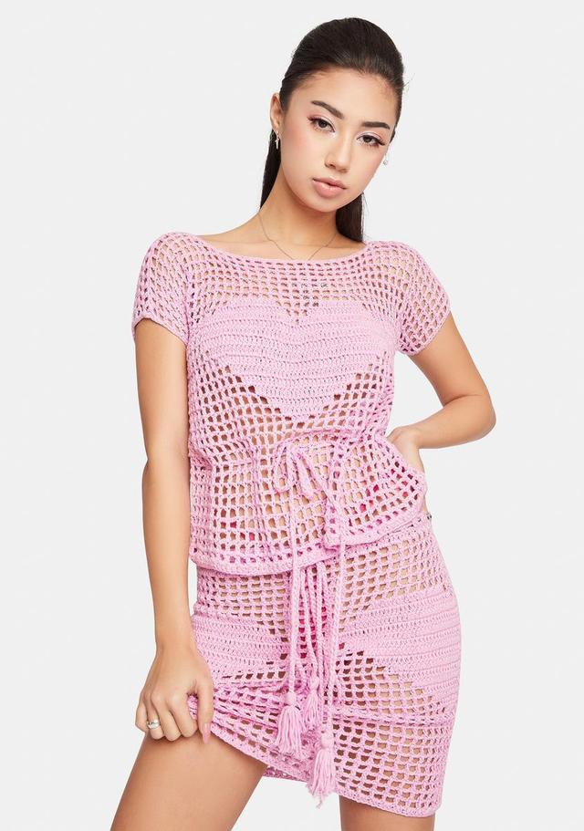 Heart Crochet Crop Top And Mini Skirt Set - Pink Product Image