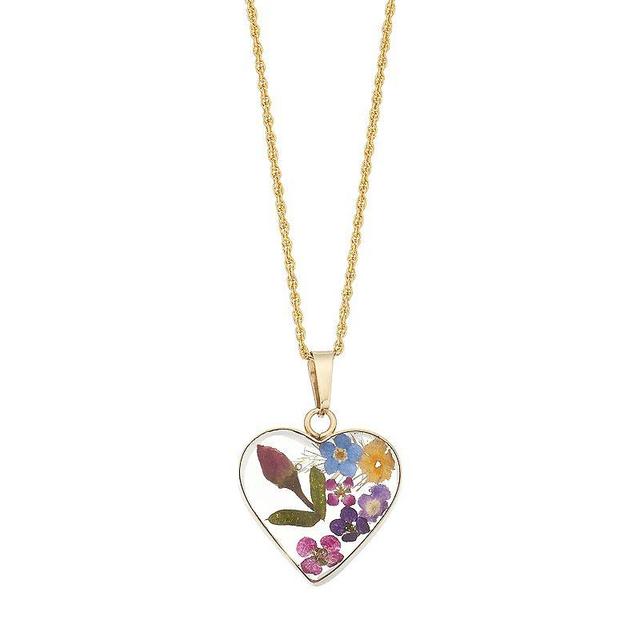 24k Gold Over Silver Pressed Flower Heart Pendant Necklace, Womens Sterling Product Image