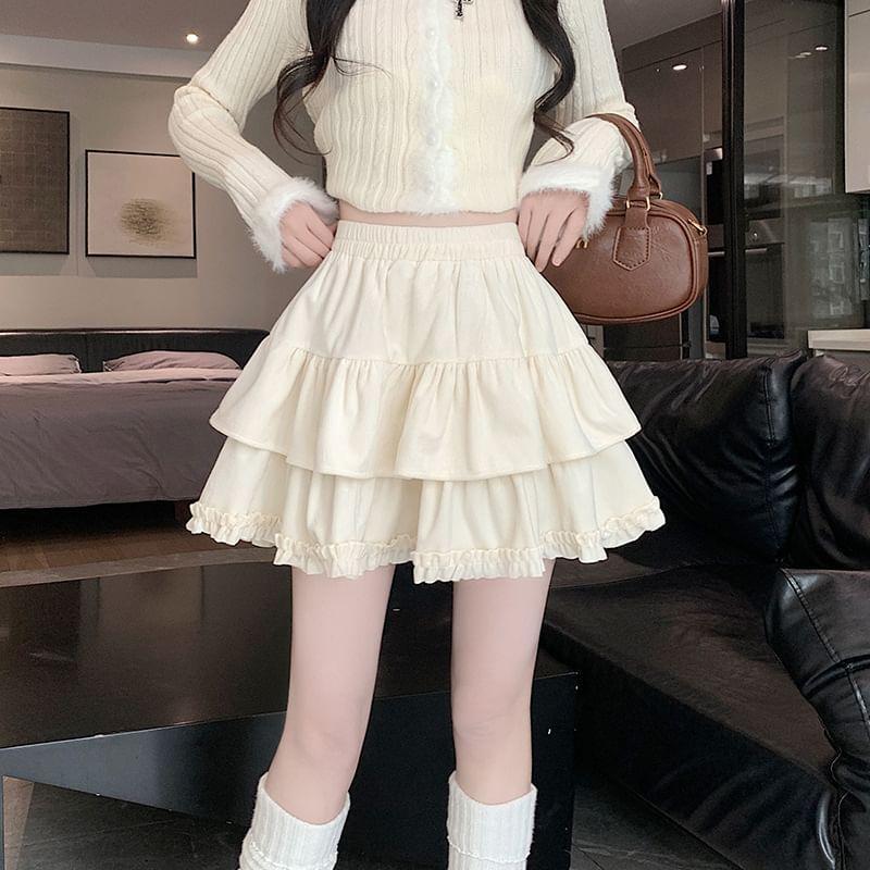 Elastic Waist Plain Tiered Lace Trim Mini A-Line Skirt Product Image