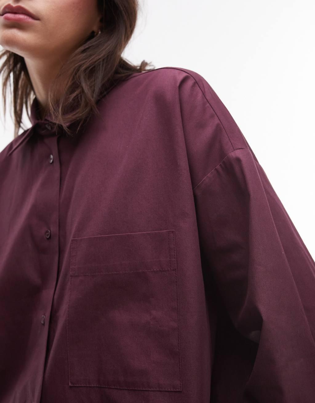 Topshop oversized poplin shirt in deep burgundy Product Image