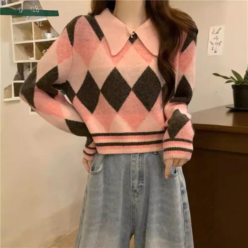 Long-Sleeve Argyle Print Polo-Neck Sweater Product Image