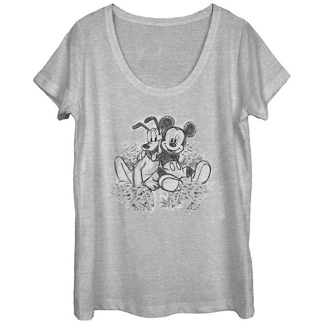 Disneys Mickey Mouse And Pluto Pencil Sketch Scoop Neck Juniors Graphic Tee, Womens Athletic Grey Product Image