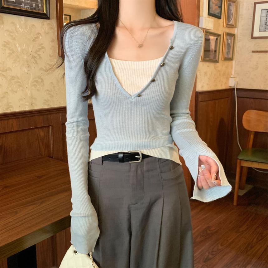 Long Sleeve V-Neck Mock Two Piece Ribbed Knit Top Product Image