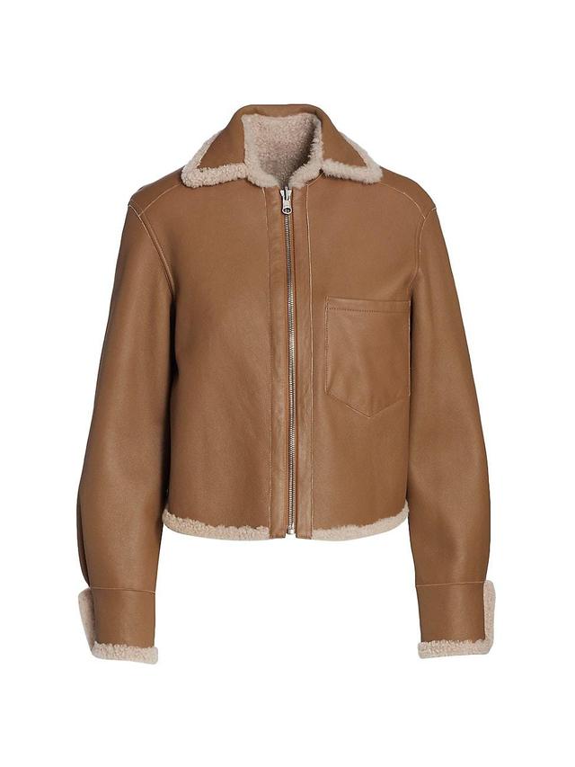 Womens Leather Shearling-Trimmed Zip Jacket Product Image