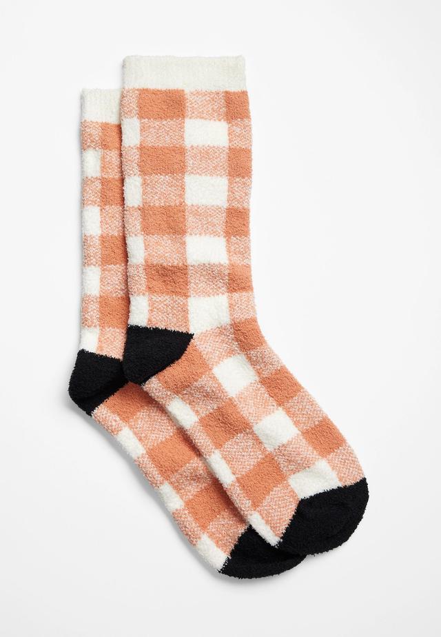 Maurices Womens Cozy Orange Buffalo Plaid Flannel Crew Socks Size One Size Product Image