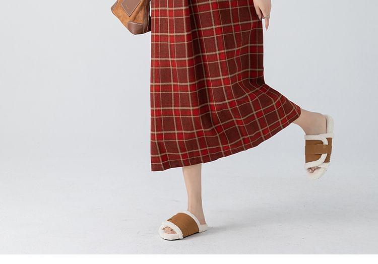 Maternity Long-Sleeve Mock Neck Plain Slim Fit Top / Plaid Bow Midi A-Line Pinafore Dress Product Image