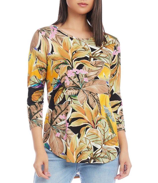 Karen Kane Petite Size Tropical Floral Print Knit Scoop Neck 3/4 Sleeve Shirttail Hem Top Product Image