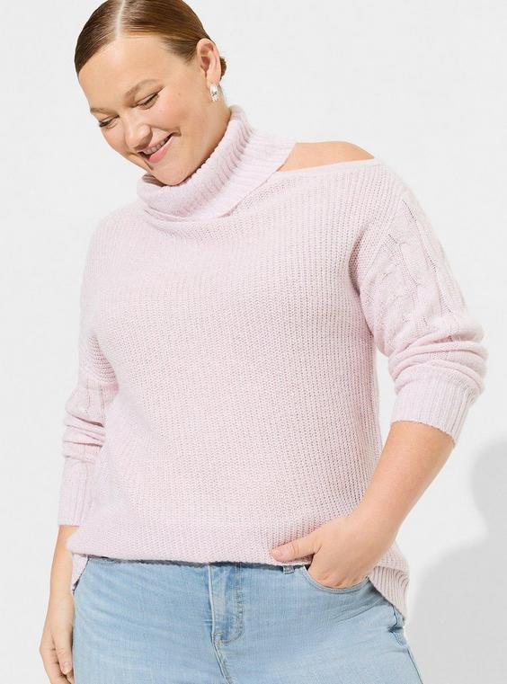 Lurex Cable Pullover Cold Shoulder Turtle Neck Sweater Product Image