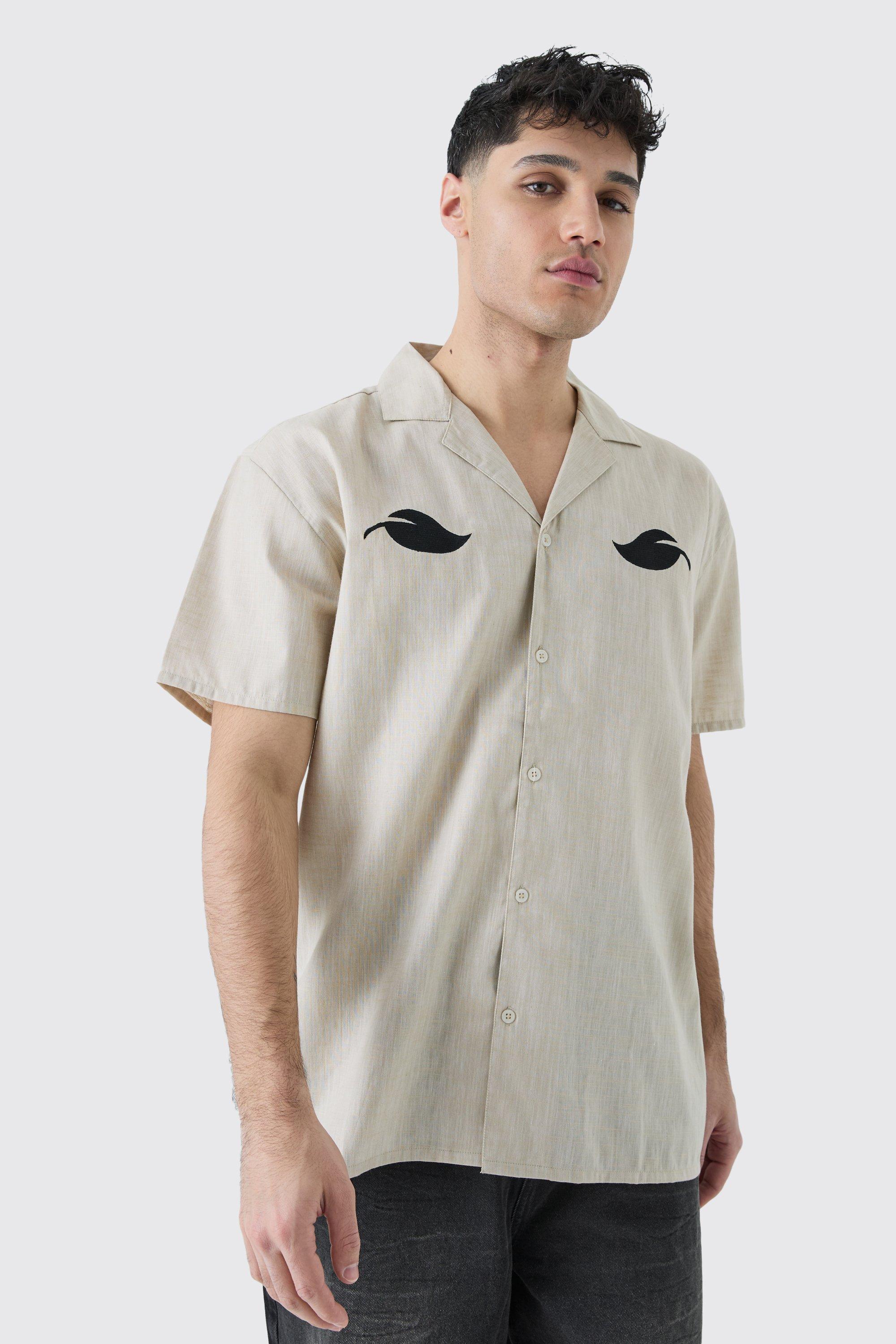 Oversized Linen Look Leaf Embroidered Shirt | boohooMAN USA Product Image