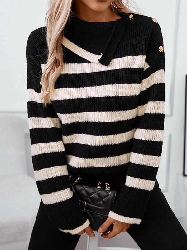 Long Sleeves Loose Buttoned Contrast Color Split-Joint Striped High Neck Pullovers Sweater Tops Product Image