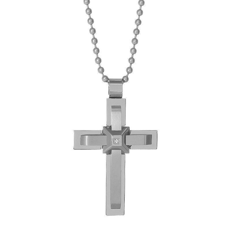 LYNX Mens Stainless Steel Cubic Zirconia Cross Pendant Necklace White Product Image