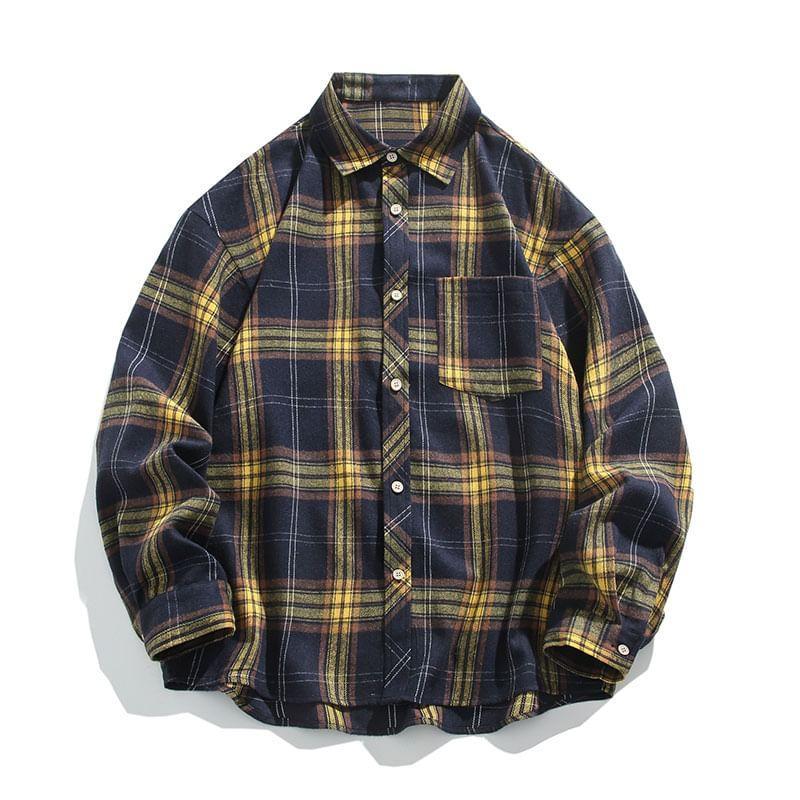 Collared Plaid Button-Up Jacket Product Image