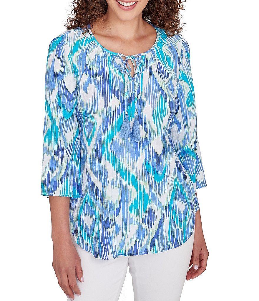 Ruby Rd. Petite Size Polynesian Gauze Ikat Tassel Ties Split Round Neck 3/4 Sleeve Top Product Image