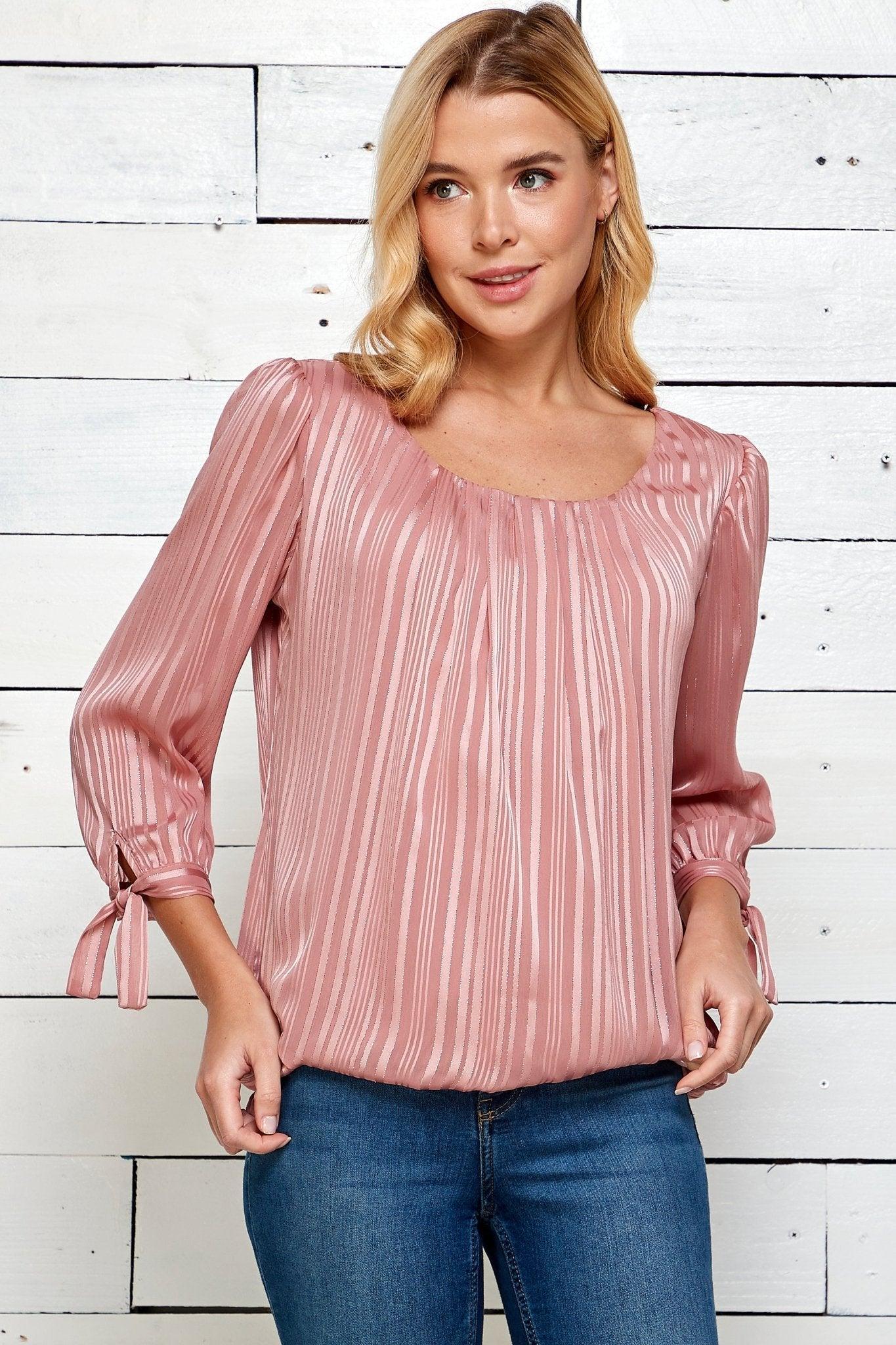 Roz & Ali 3/4 Length Tie Sleeve Pink Stripe Bubble Blouse Product Image