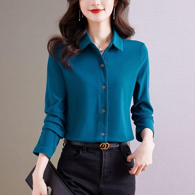 Long-Sleeve Velvet Plain Shirt Product Image