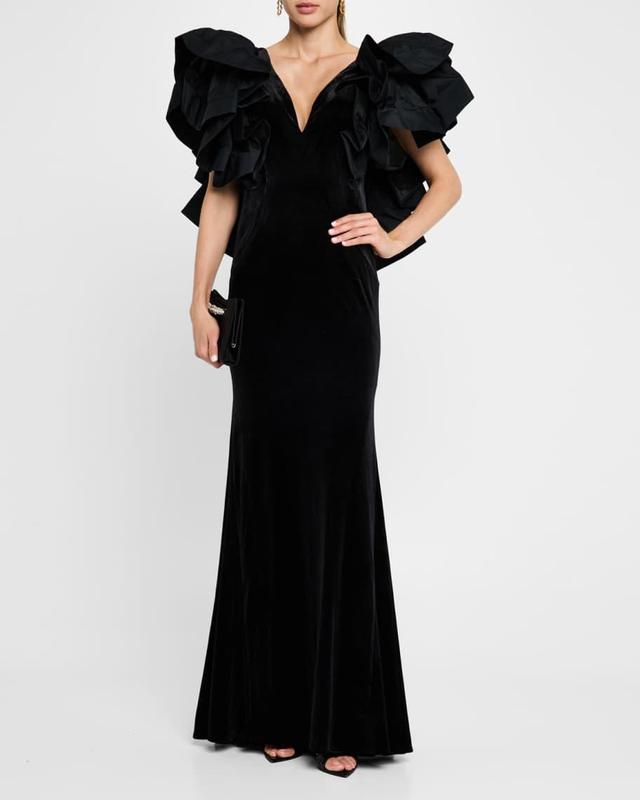 Ruffle Velvet Column Gown Product Image