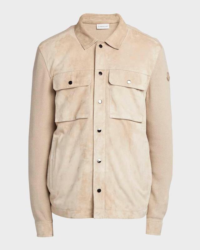 MONCLER Men's Knit Overshirt With Lamb Suede In Light Beige Product Image