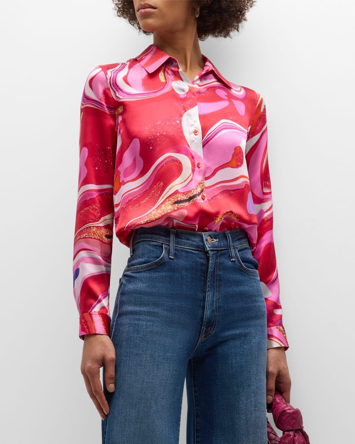 Multi Tie-Dye Swirl Tyler Button-Front Silk Blouse Product Image