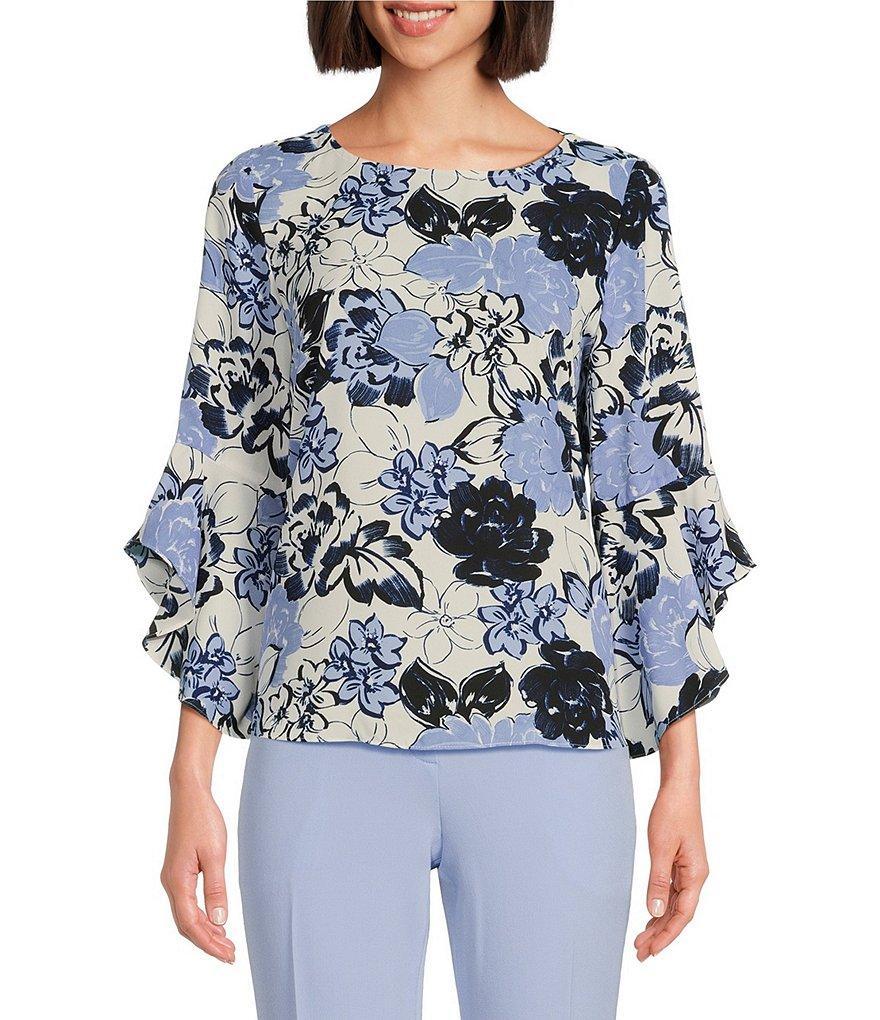 Kasper Woven Floral Print Crew Neck 3/4 Ruffle Sleeve Blouse Product Image