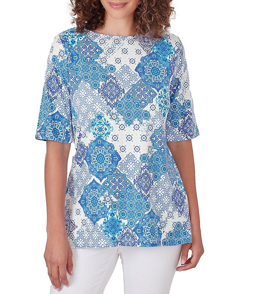 Ruby Rd. Petite Size Knit Medallion Print Boat Neck Elbow Length Sleeve Top Product Image