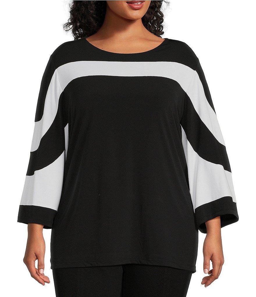 Multiples Plus Size Scoop Neck 3/4 Sleeve Side Button Hem Colorblock Knit Top Product Image