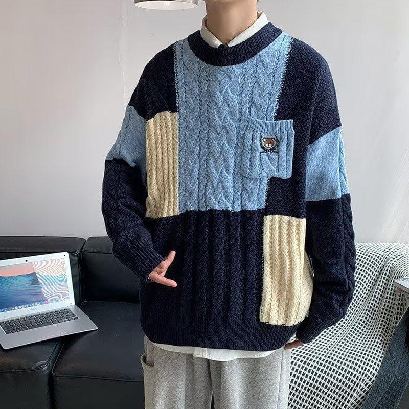 Crew Neck Color Block Bear Embroidered Cable Knit Sweater Product Image