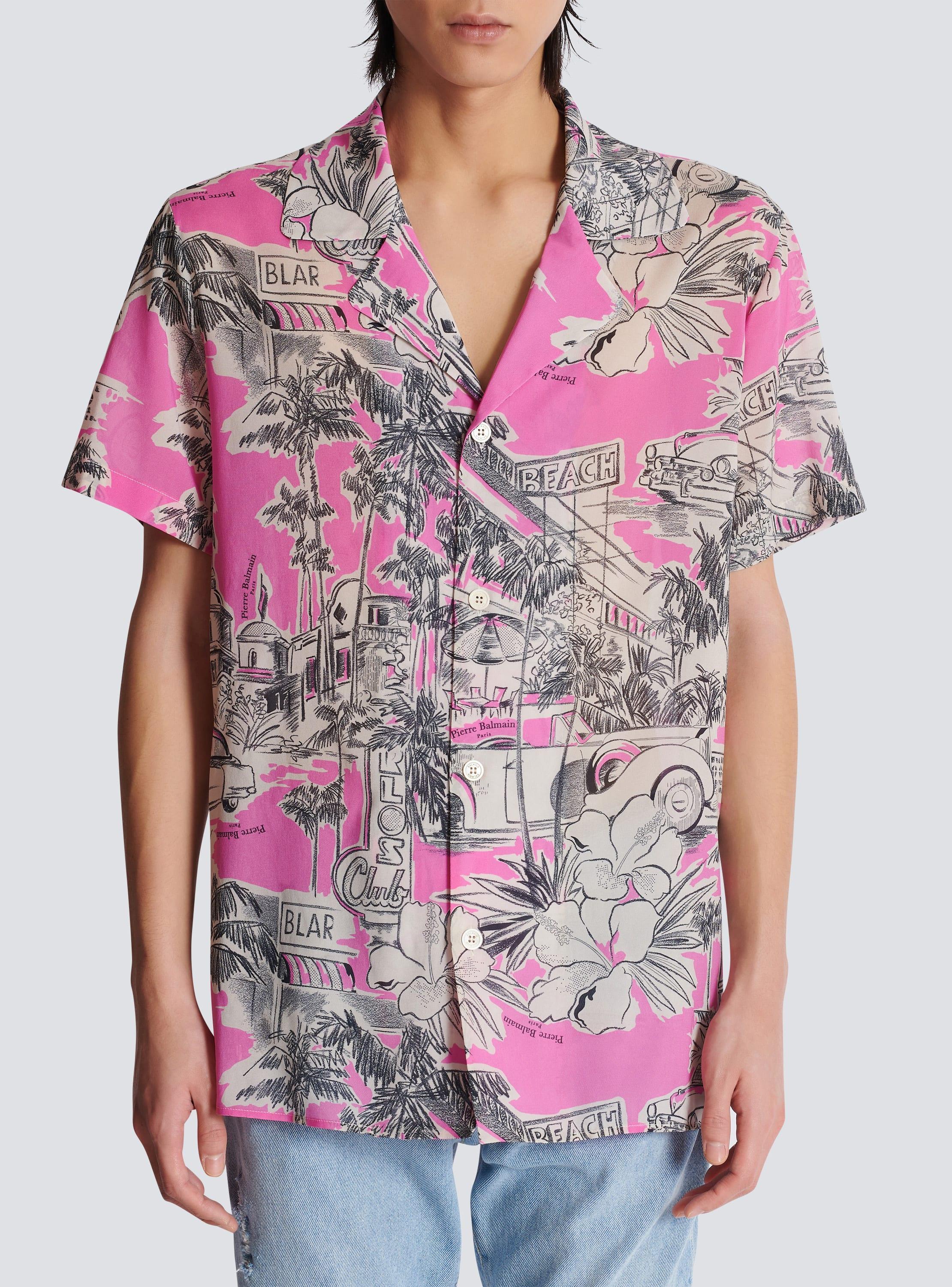 Short-sleeved silk pyjama shirt with Miami print Product Image