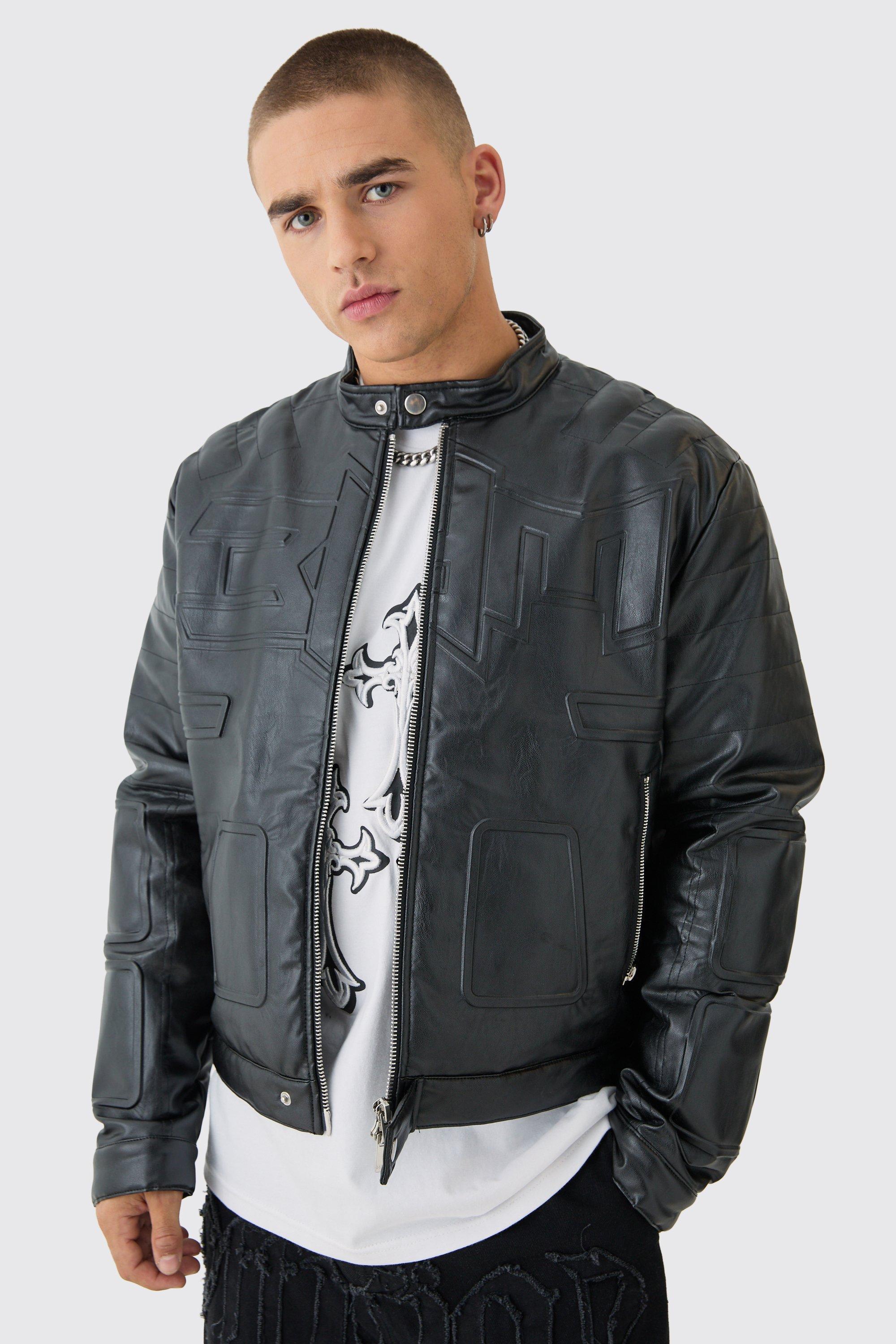 Boxy BHM Tonal Pu Moto Jacket In Black | boohooMAN USA Product Image