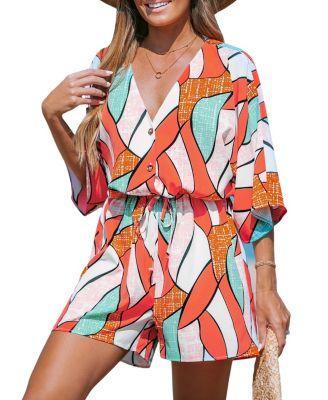 Cupshe Womens Geo Tie Front Straight Leg Romper Product Image