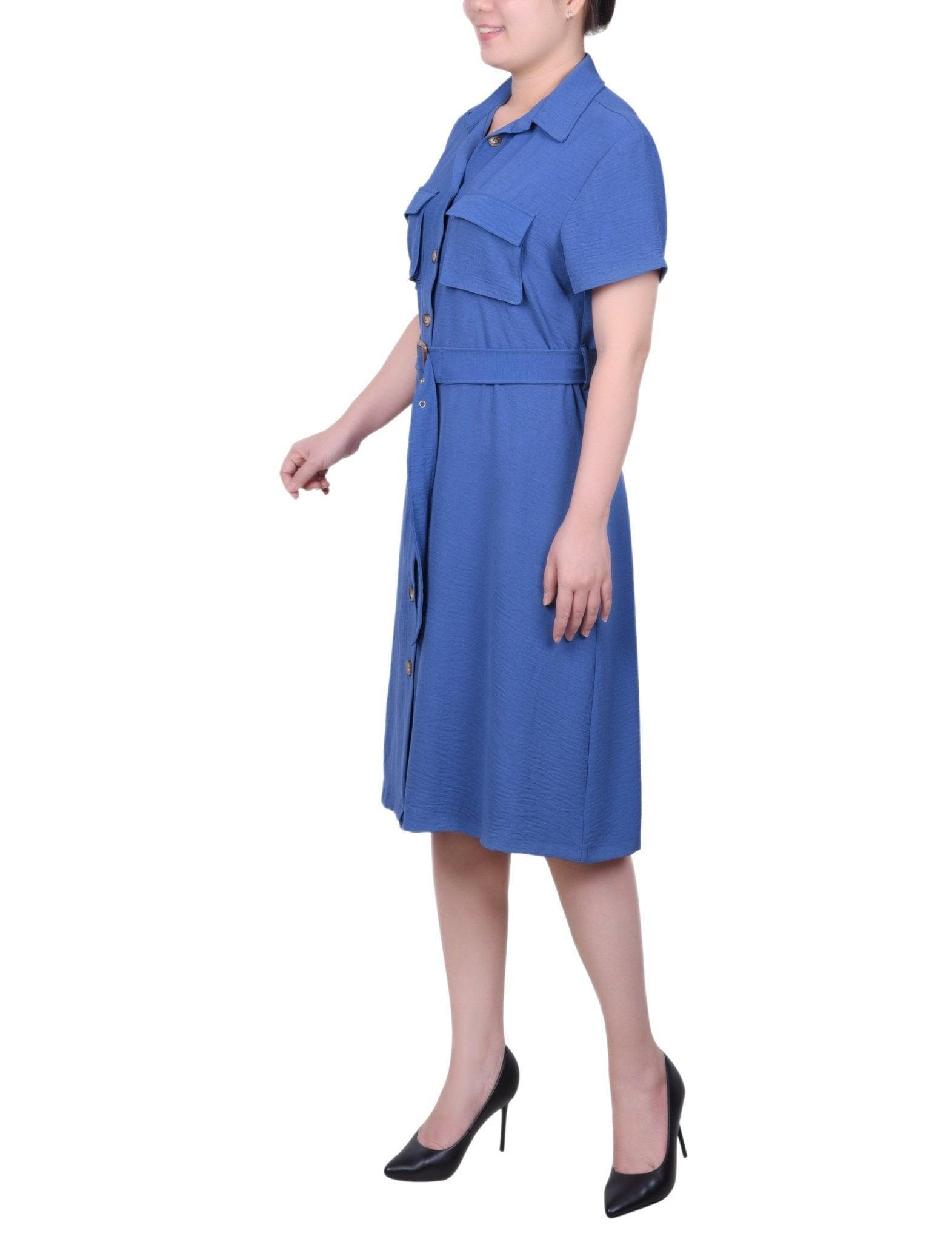 Short Sleeve Belted Shirtdress - Petite Product Image