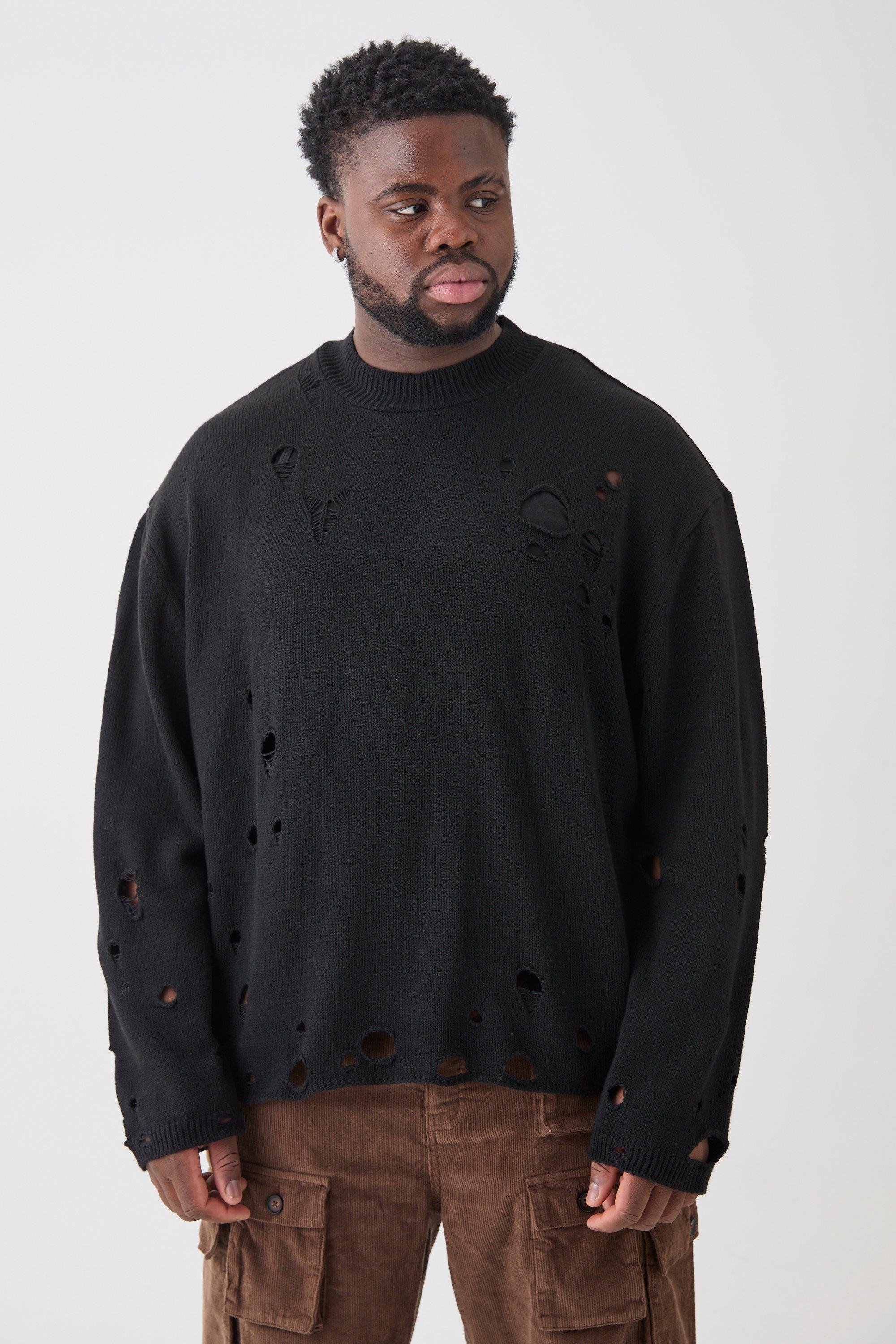 Plus Oversized Distressed Drop Shoulder Knitted Jumper In Kh | boohooMAN USA Product Image