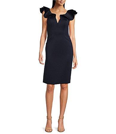 Eliza J Scuba V-Neck Ruffled Cap Sleeve Sheath Dress Product Image