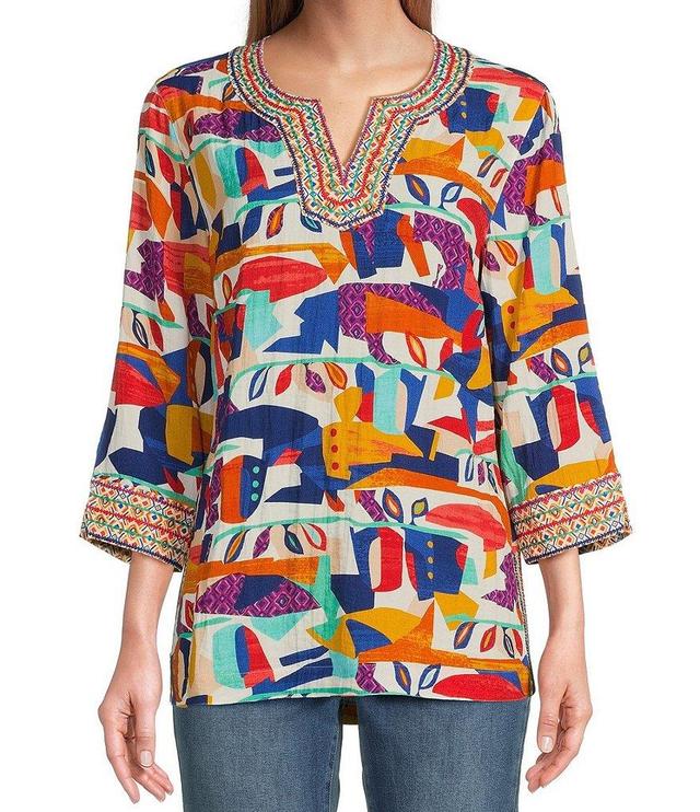 John Mark Petite Size Geometric Print Embroidered Split V-Neck 3/4 Sleeve Top Product Image