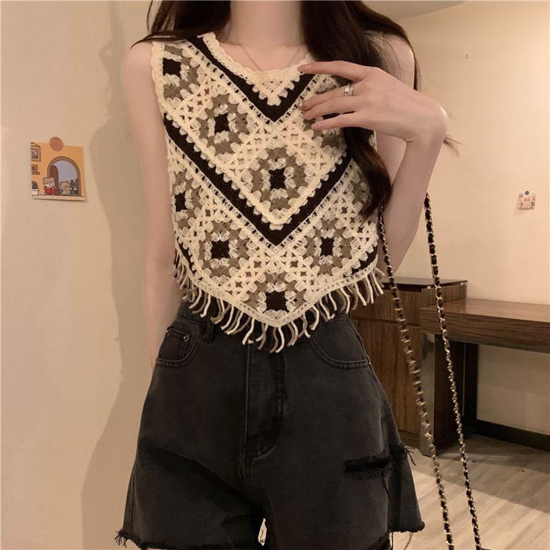 Patterned Asymmetrical Crochet Knit Crop Tank Top Product Image