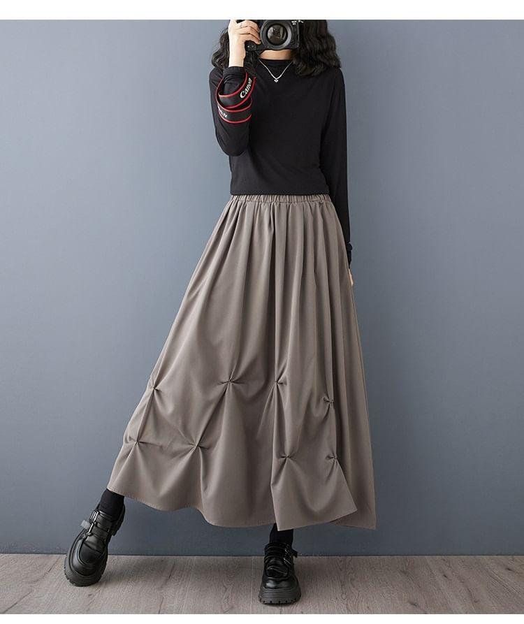 Elastic Waist Plain Ruched Maxi A-Line Skirt Product Image