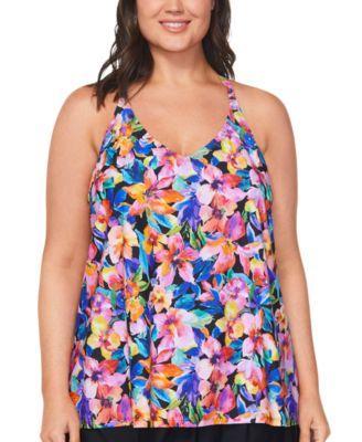 Plus Size Floral-Print Racerback Tankini Top, Created for Macy's Product Image