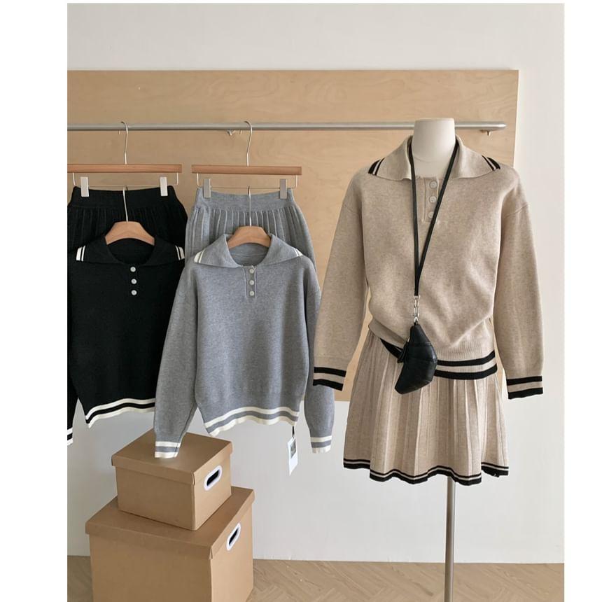 Set: Striped Polo Sweater + High Waist Pleated Knit Mini A-Line Skirt Product Image