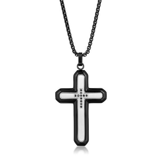 Men's 1/20 CT. T.w. Black Diamond Inlay Outline Cross Pendant in Stainless Steel and Black IP - 24" Product Image