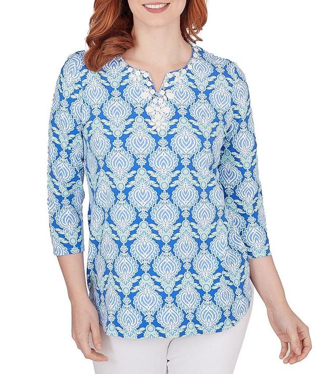 Ruby Rd. Embellished Foulard Print Split Round Neck 3/4 Sleeve Knit Top Product Image