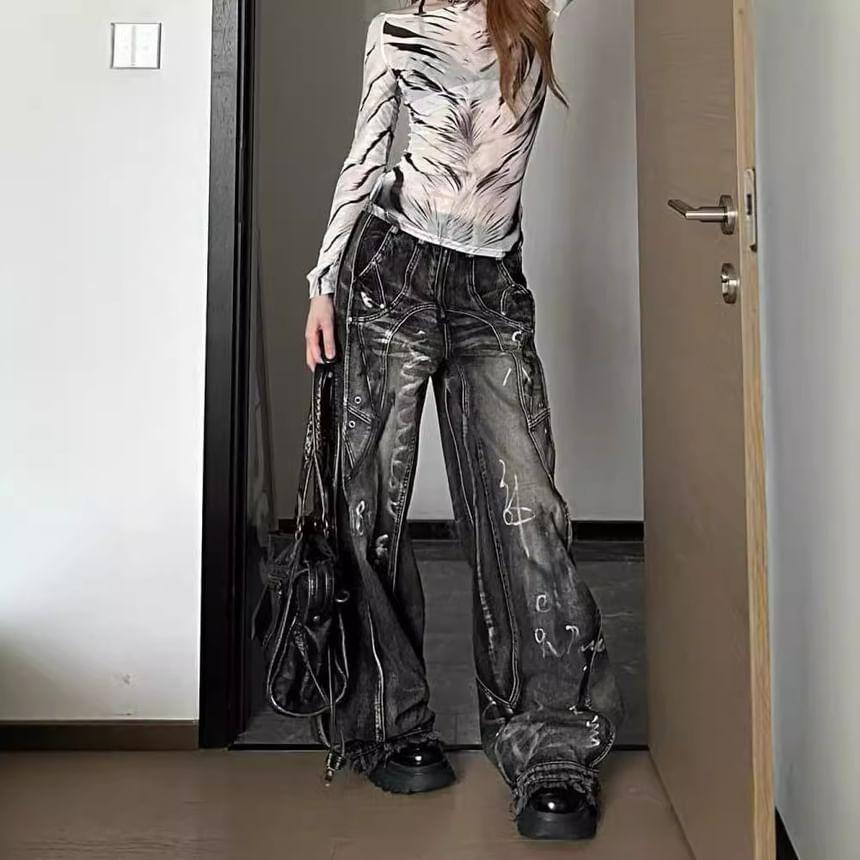 High Waist Washed Loose-Fit Wide-Leg Jeans Product Image