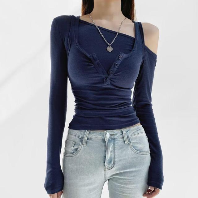 Set: Long Sleeve Cold-Shoulder Plain Slim-Fit Crop Top + Tank Top Product Image