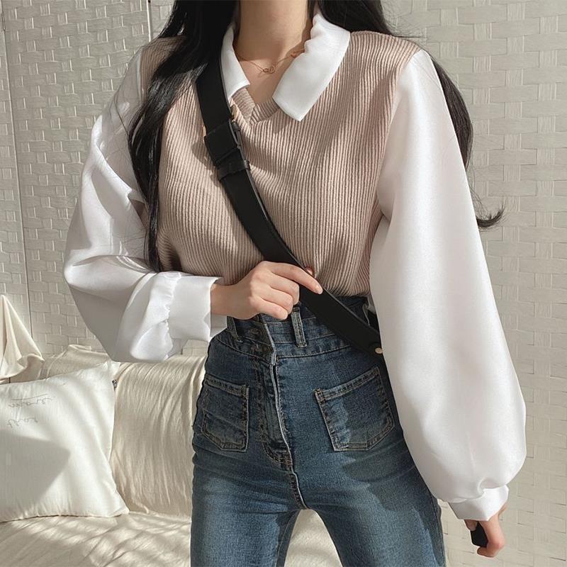 Mock Two-Piece Long-Sleeve Two Tone Panel Blouse Product Image