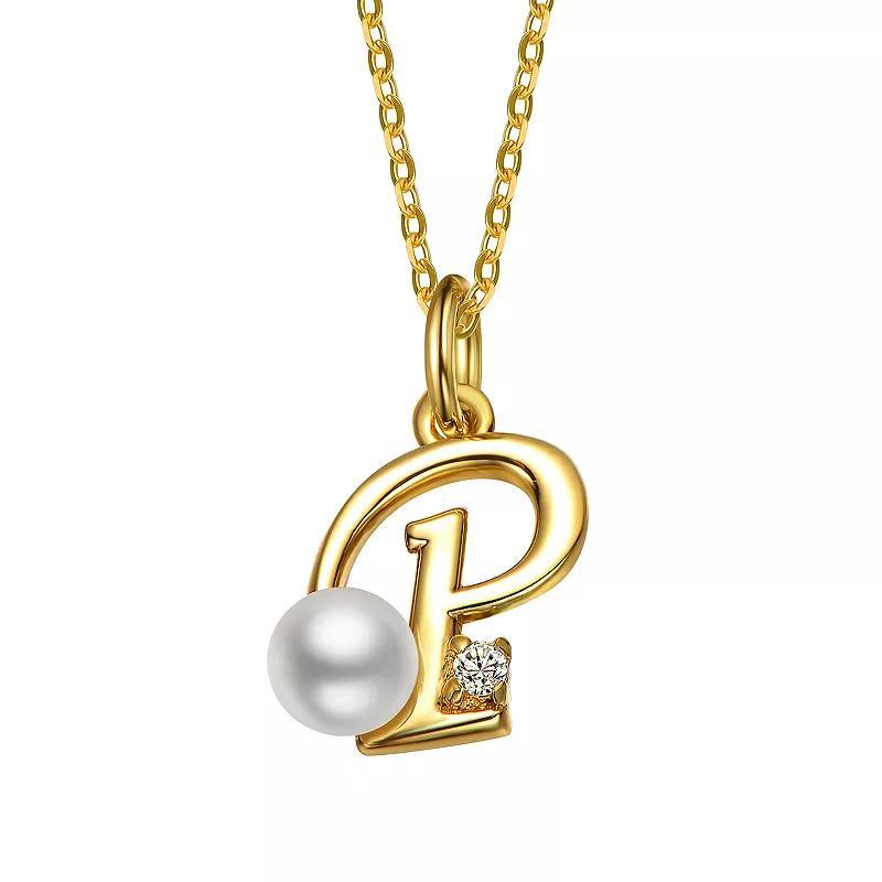 14k Gold Plated Simulated Pearl Initial Pendant Necklace, Womens Yellow Product Image