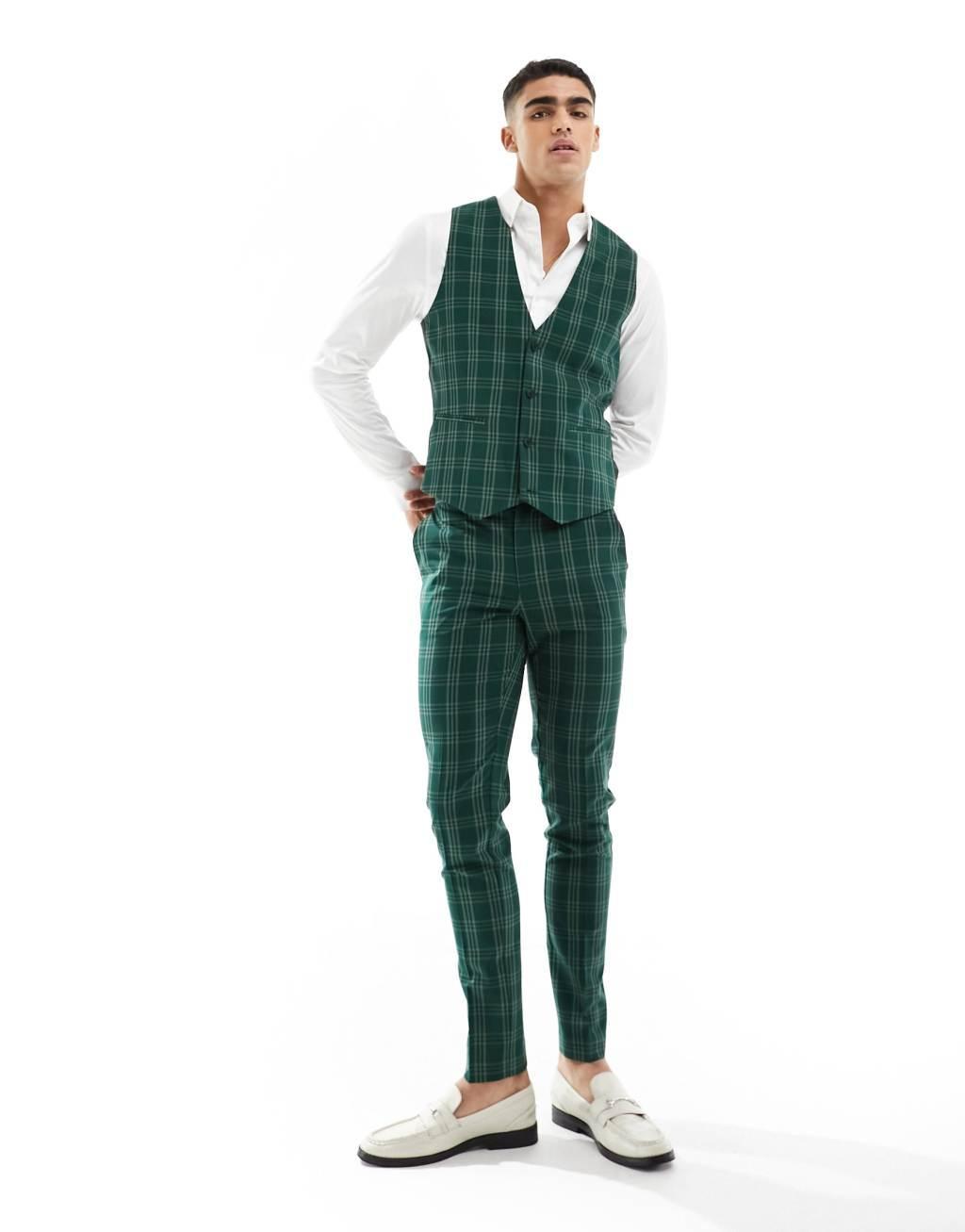 ASOS DESIGN skinny suit vest in green tonal check Product Image