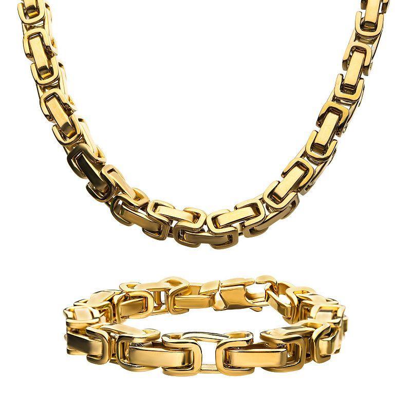 Mens Stainless Steel Byzantine Chain Necklace & Bracelet Set, Gold Product Image