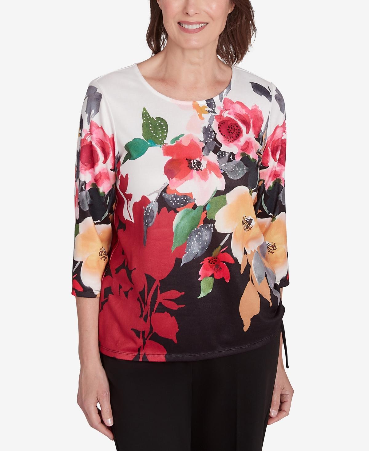 Alfred Dunner Runway Ready Womens Floral Crew Neck with Drawstring Hem Top Product Image